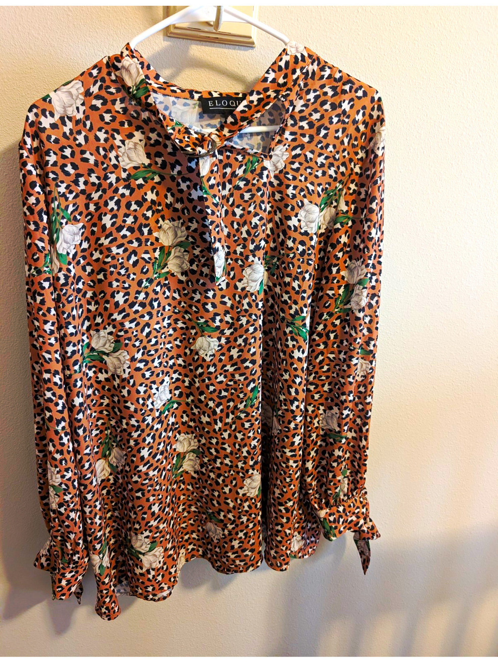 Eloquii Women's 16 Brown Leopard Animal Print Blouse Long Sleeve V-Neck Career